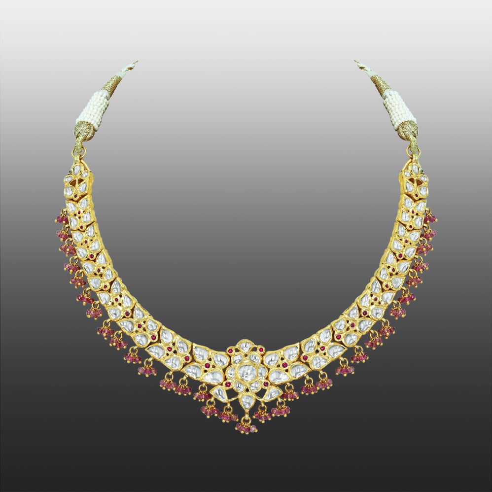 Floral Polki Necklace with Tourmaline Beads and Ruby Accents